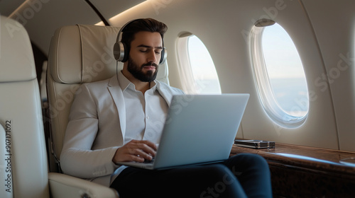 Latin Businessman in Private Jet Seat - Typing on Laptop with Headphones, Working During Flight, Using Technology Photo