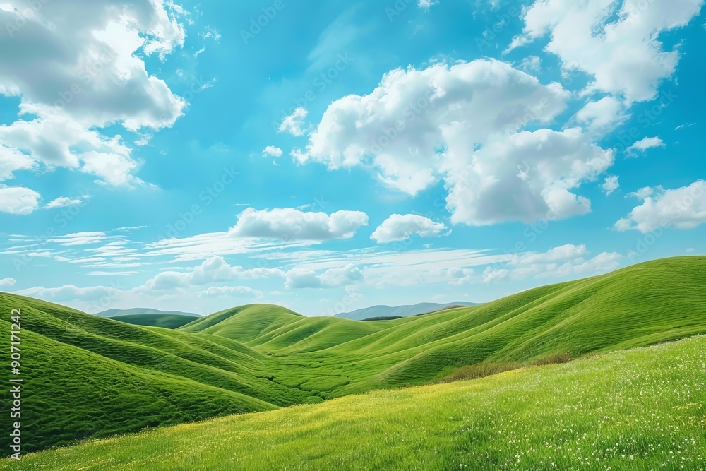 Serene green hills beautiful landscape of grassy hills under blue sky with white clouds Serene green hills beautiful landscape of grassy hills under blue sky with white clouds