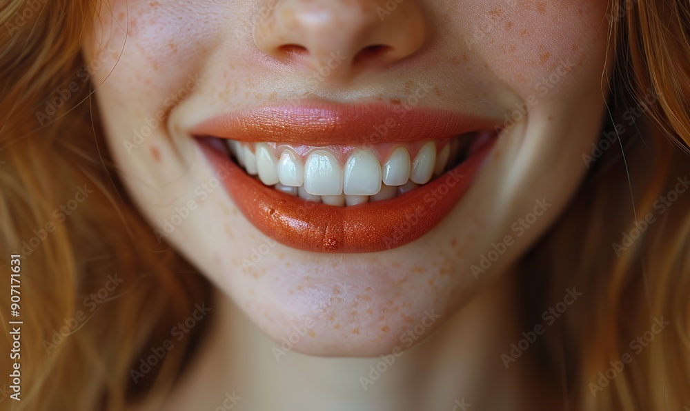 A close-up of a woman's smiling mouth showcases her white teeth and glossy lips. A close-up of a woman's smiling mouth showcases her white teeth and glossy lips.