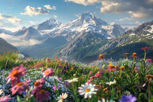 Ai created image stunning alpine landscape with vibrant wildflowers and majestic mountains