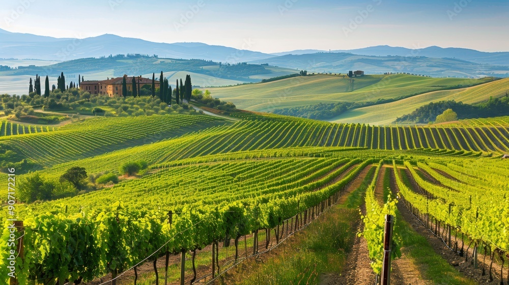 Tuscan vineyard landscape rolling hills and green vines with farmhouse in the distance Tuscan vineyard landscape rolling hills and green vines with farmhouse in the distance