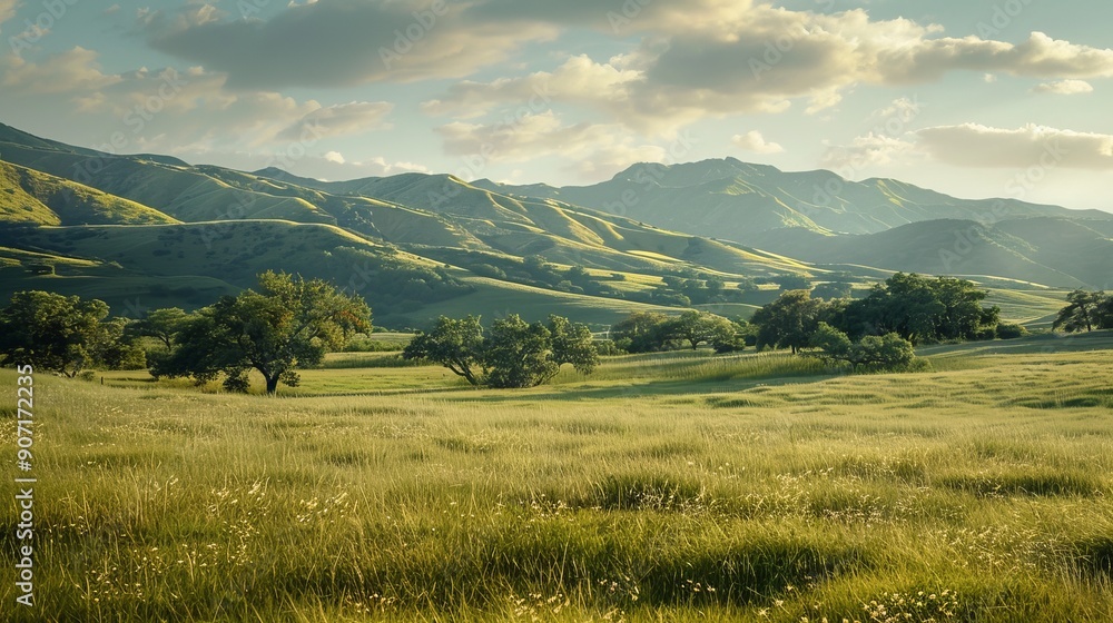 Tranquil landscape with vibrant meadow and rolling hills captured in high quality image Tranquil landscape with vibrant meadow and rolling hills captured in high quality image