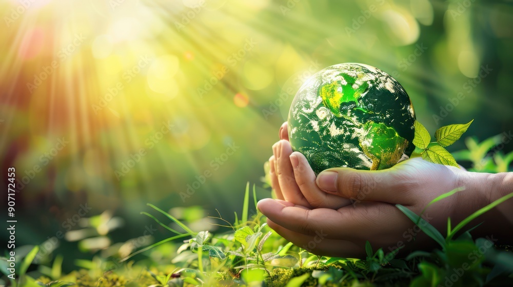 Hands holding a green planet Earth globe in lush forest. Concept of environmental conservation, sustainability, ecology, and climate change. Hands holding a green planet Earth globe in lush forest. Concept of environmental conservation, sustainability, ecology, and climate change.