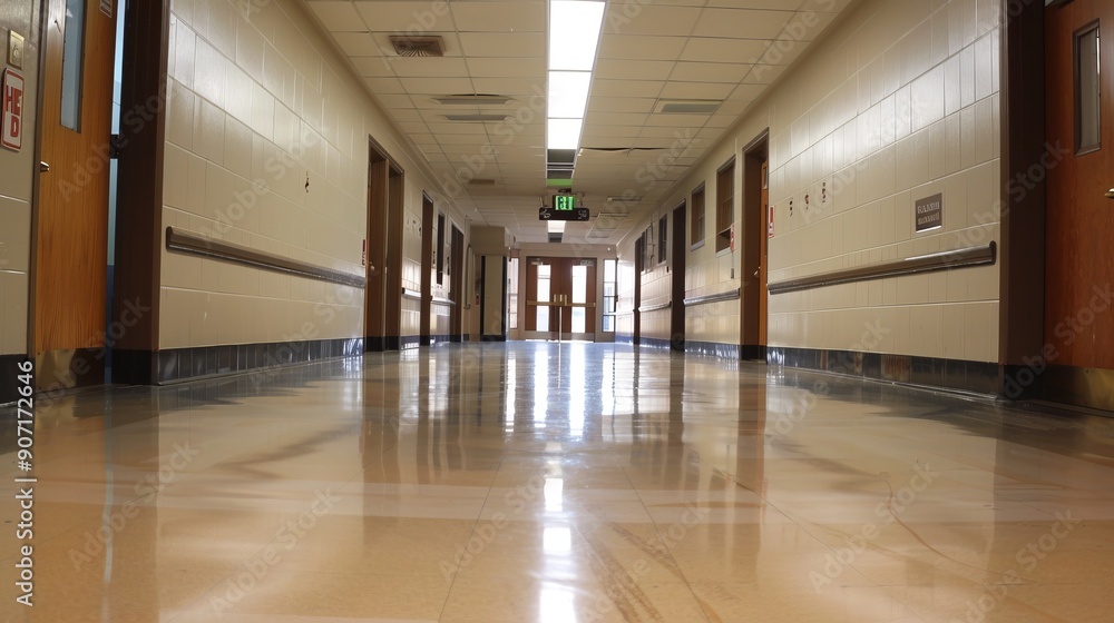 Empty high school corridor with lockers lining the walls Empty high school corridor with lockers lining the walls