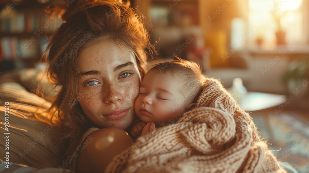 Fototapeta premium Mother holding her baby, smiling, colorful background, motherhood, family concept, mom and kid