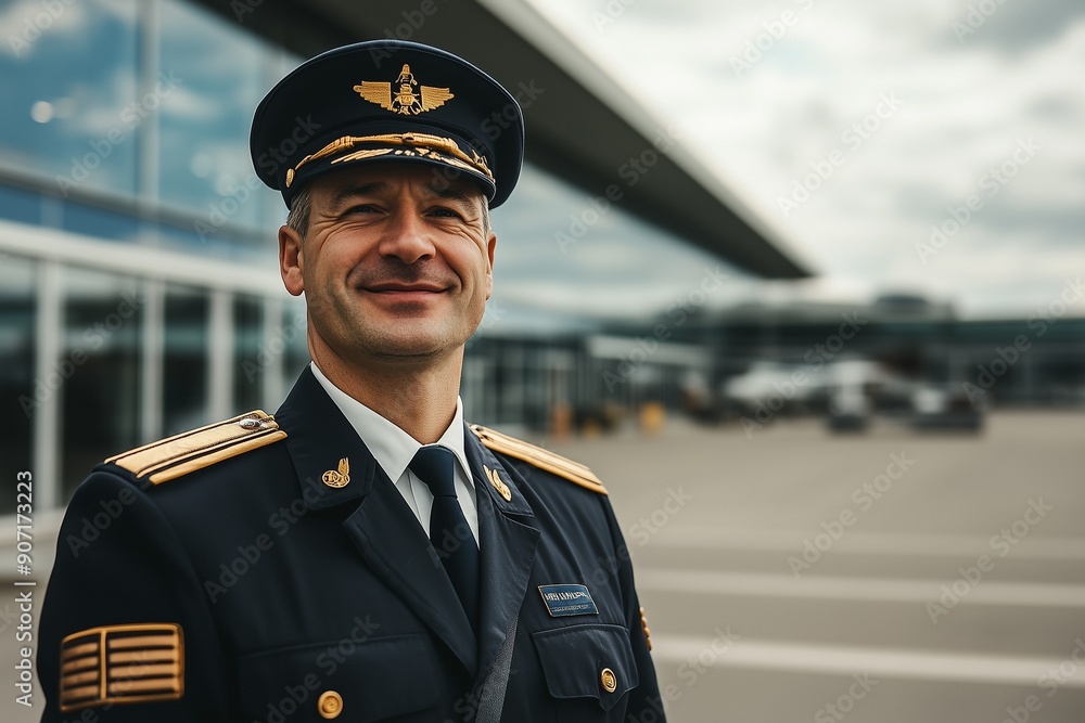 A pilot stands against the backdrop of an airport and smiles A pilot stands against the backdrop of an airport and smiles