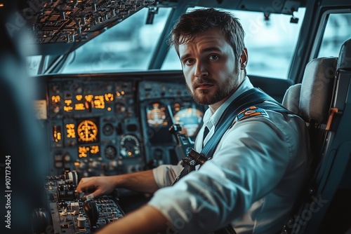 pilot in the cockpit, controlling the plane, hands on the steering wheel.