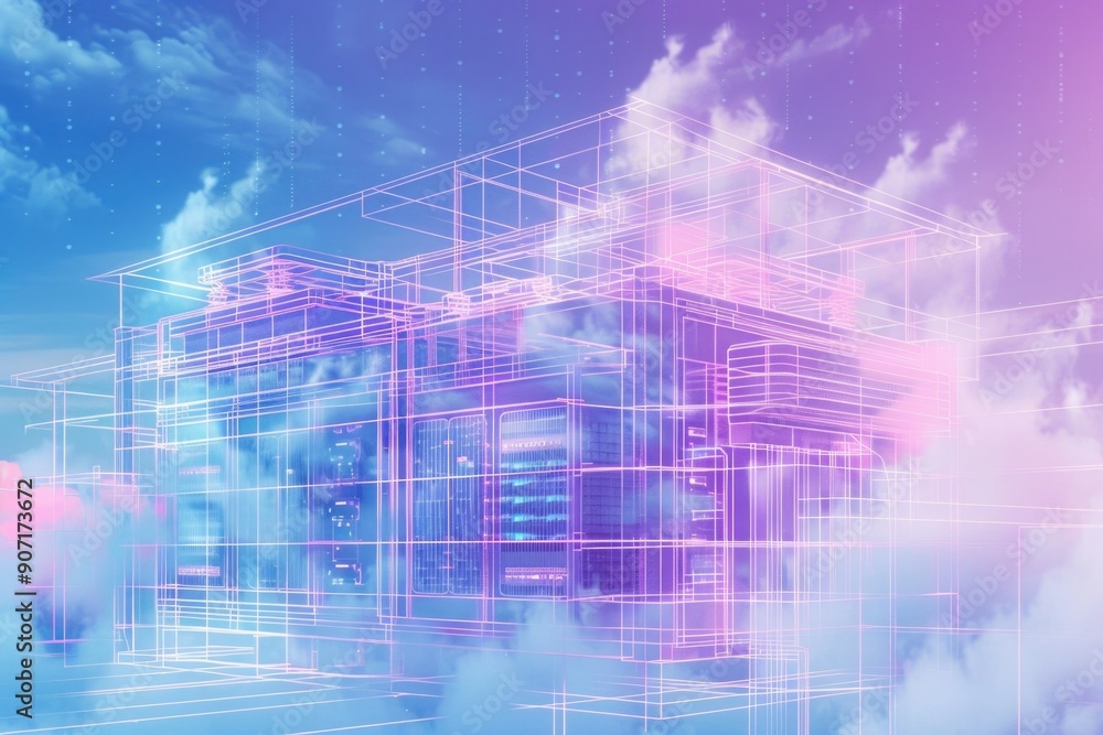 Obraz premium A structure built among fluffy white clouds, perfect for use as a background or concept image