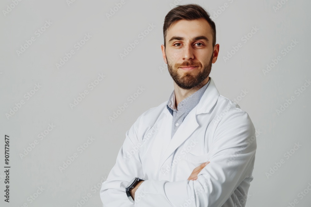 Professional male pharmacist standing for portrait photo shoot on light gray backdrop Professional male pharmacist standing for portrait photo shoot on light gray backdrop