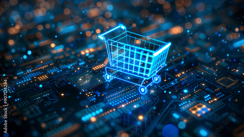 Shopping cart icon on abstract blue circuit board digital lines Shopping cart icon on abstract blue circuit board digital lines