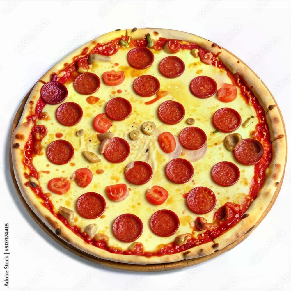 Pizza on a round wooden cutting board, tray, highlighted on a white background Pizza on a round wooden cutting board, tray, highlighted on a white background