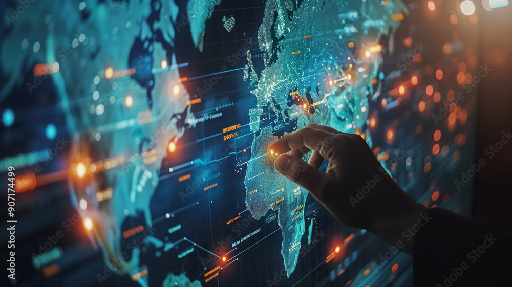 Hand touching digital screen with global map and business data, World trade in modern global era Hand touching digital screen with global map and business data, World trade in modern global era