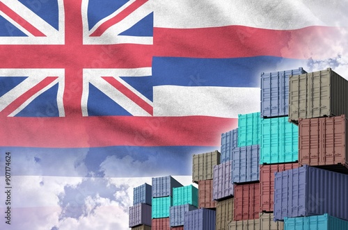 Hawaii US state flag and big stack of shipping cargo containers in docks with sky background close up photo