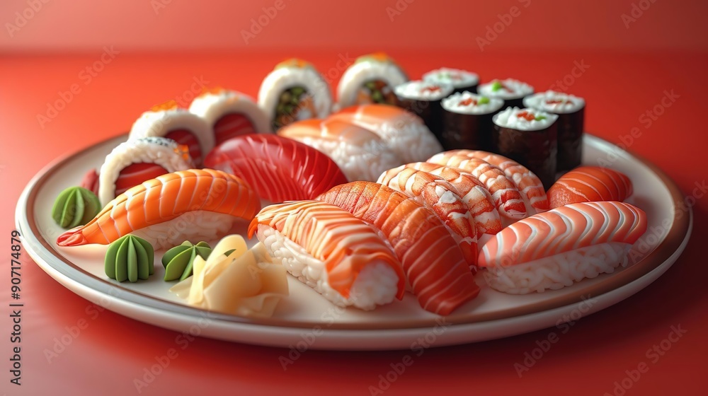 3D Rendered Plate of Sushi with Various Toppings 3D Rendered Plate of Sushi with Various Toppings