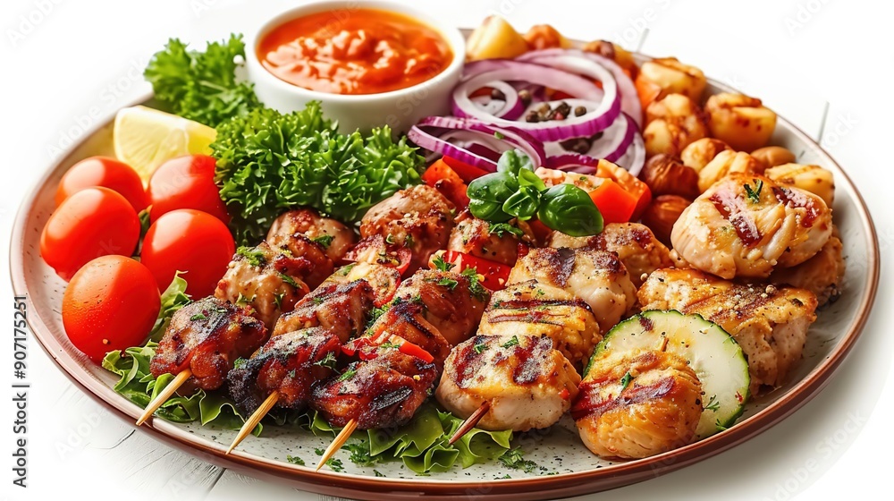 Grilled Chicken Skewers with Vegetables and Sauce - Food Photography Grilled Chicken Skewers with Vegetables and Sauce - Food Photography