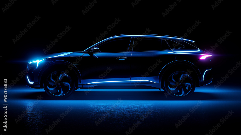 Side view of an electric SUV car with headlights on on a black background Side view of an electric SUV car with headlights on on a black background