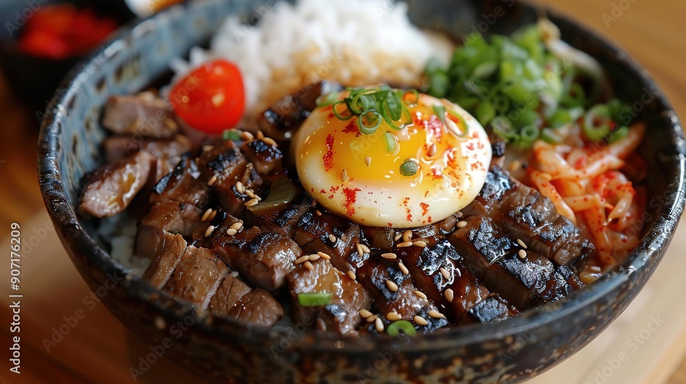 Delicious Grilled Beef and Rice Bowl with Fried Egg and Kimchi - Food Photography Delicious Grilled Beef and Rice Bowl with Fried Egg and Kimchi - Food Photography
