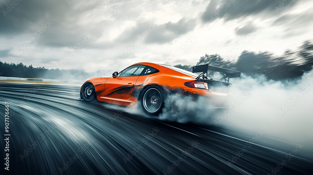Obraz premium Dynamic Action Shot of an Orange Sports Car Drifting on a Wet Track with Smoke and Motion Blur