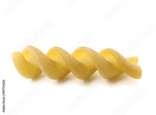 Tasty raw fusilli pasta on white background