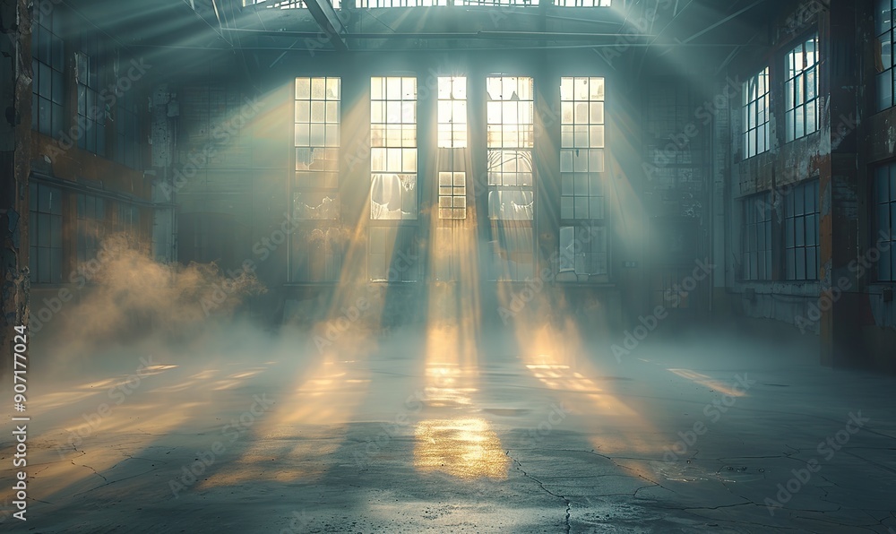 Sunlight streams through the windows of an empty, mist-filled industrial hallway, creating a serene, ethereal, and peaceful atmosphere. Sunlight streams through the windows of an empty, mist-filled industrial hallway, creating a serene, ethereal, and peaceful atmosphere.
