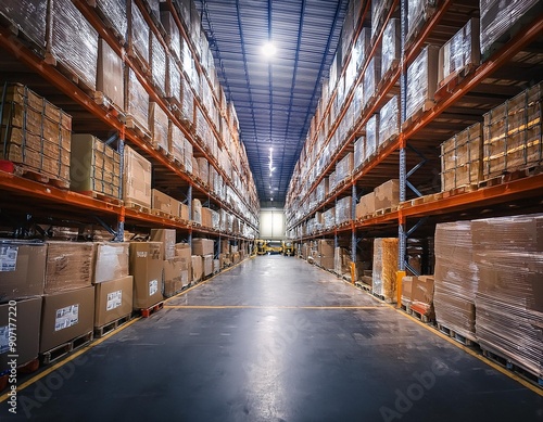 Warehouse with boxes, shelves, and storage