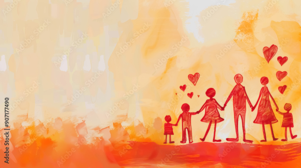 Abstract family illustration with hearts and warm colors Abstract family illustration with hearts and warm colors