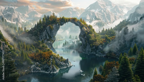 Breathtaking fantasy landscape of a natural stone arch bridge over a tranquil mountain lake at sunrise, digital art illustration