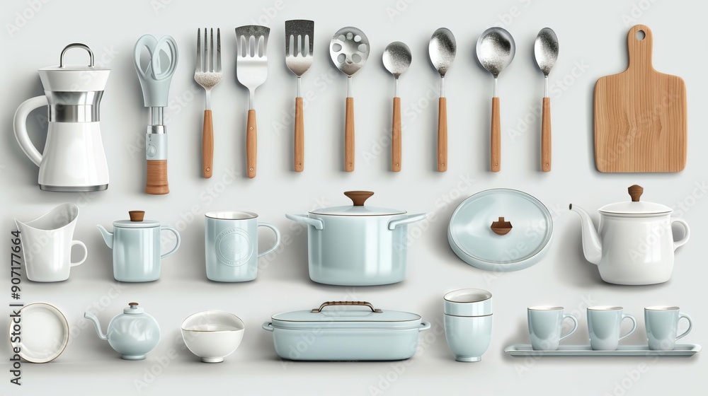 3D Illustration of Kitchen Utensils and Tea Set in Blue and White 3D Illustration of Kitchen Utensils and Tea Set in Blue and White