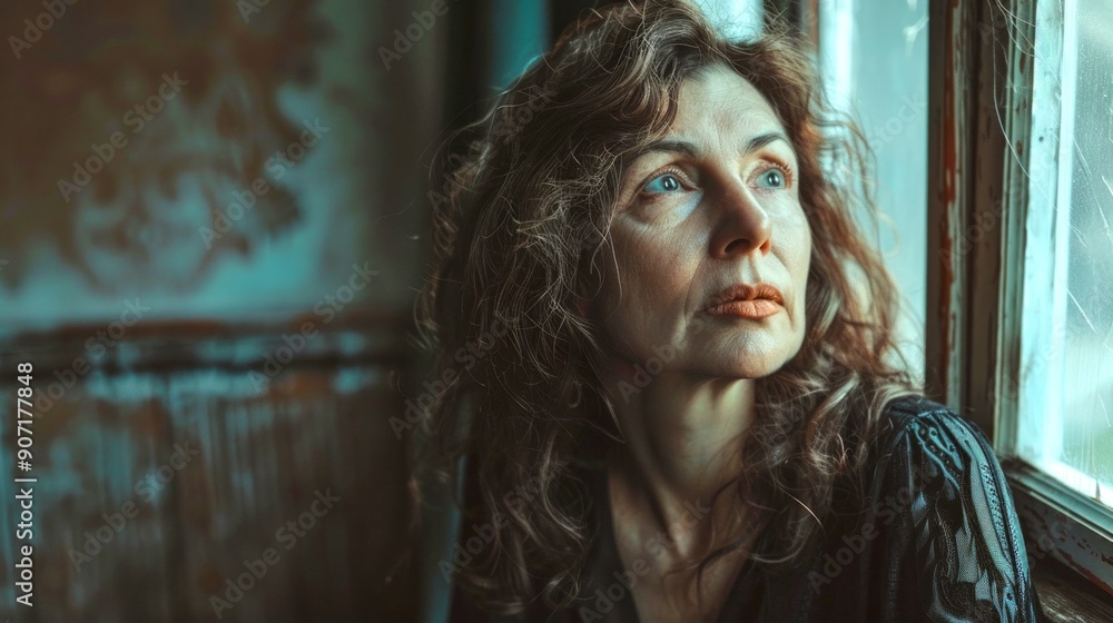 Pensive woman gazing out the window, conveying emotion and depth. Vintage-inspired photograph. This image evokes a sense of contemplation and nostalgia, perfect for storytelling Pensive woman gazing out the window, conveying emotion and depth. Vintage-inspired photograph. This image evokes a sense of contemplation and nostalgia, perfect for storytelling