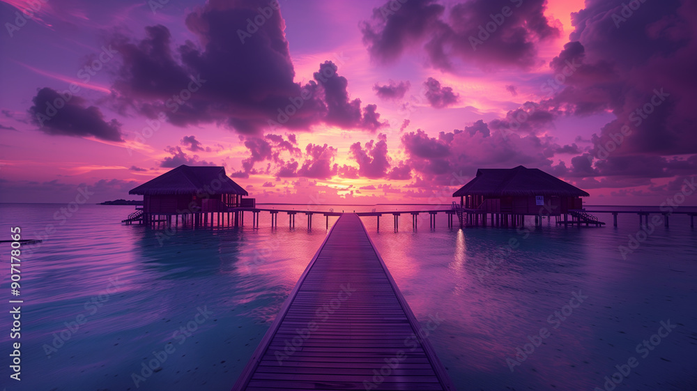 Obraz premium Wooden bridge under stunning dramatic sky in Maldives