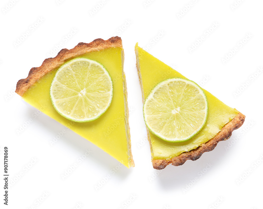 Pieces of tasty lime tart on white background Pieces of tasty lime tart on white background