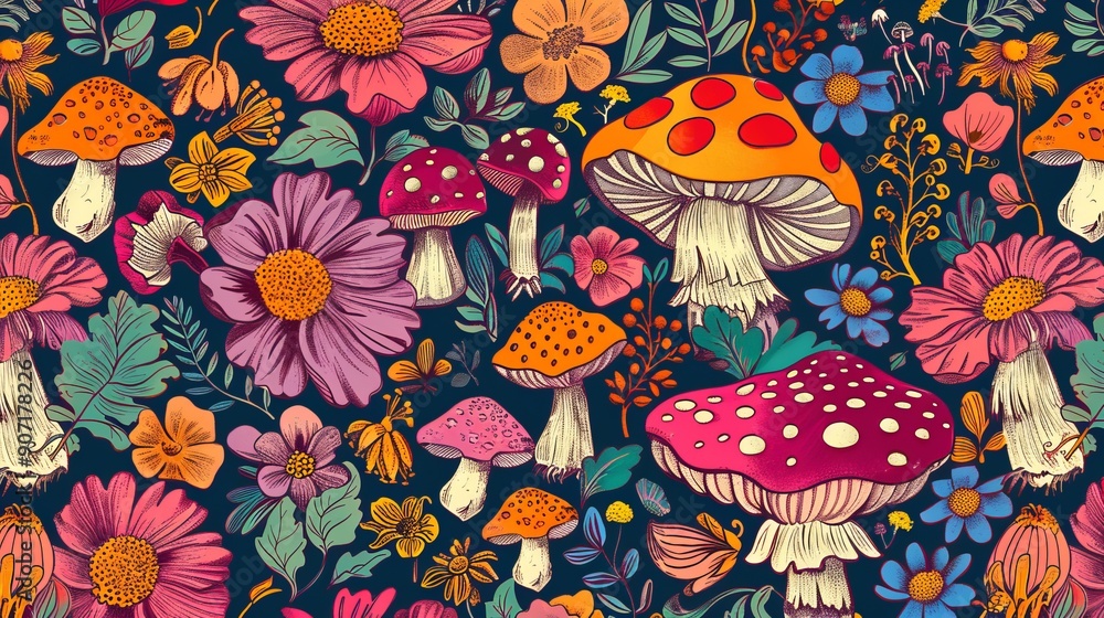 Autumn seamless pattern with mushrooms, berries and bugs. Natural trendy print Autumn seamless pattern with mushrooms, berries and bugs. Natural trendy print