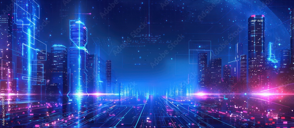 Fototapeta premium Futuristic Cityscape with Neon Lights and Digital Overlays. A Vision of the Future