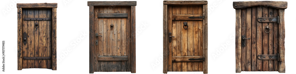 Collection of rustic wooden doors with varying styles and finishes, perfect for architectural and design projects. transparent background Collection of rustic wooden doors with varying styles and finishes, perfect for architectural and design projects. transparent background