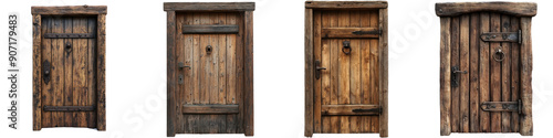 Collection of rustic wooden doors with varying styles and finishes, perfect for architectural and design projects. transparent background
