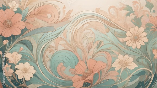 Wallpaper Mural An Art Nouveau-inspired backdrop featuring flowing, organic lines, floral motifs, and a soft, pastel color palette. Elegant curves and intricate detailing for a refined, vintage look. Torontodigital.ca