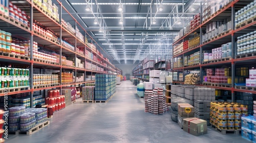An interior view of a large warehouse with rows of shelves stocked with goods on pallets, lit by overhead lights.