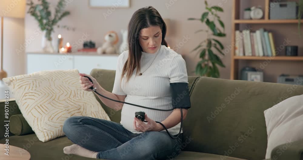 Pregnant woman, blood pressure check and home for healthcare, monitor and maternity wellness. Female person, cardiology tool and instrument to test for results, measurement and pregnancy self care