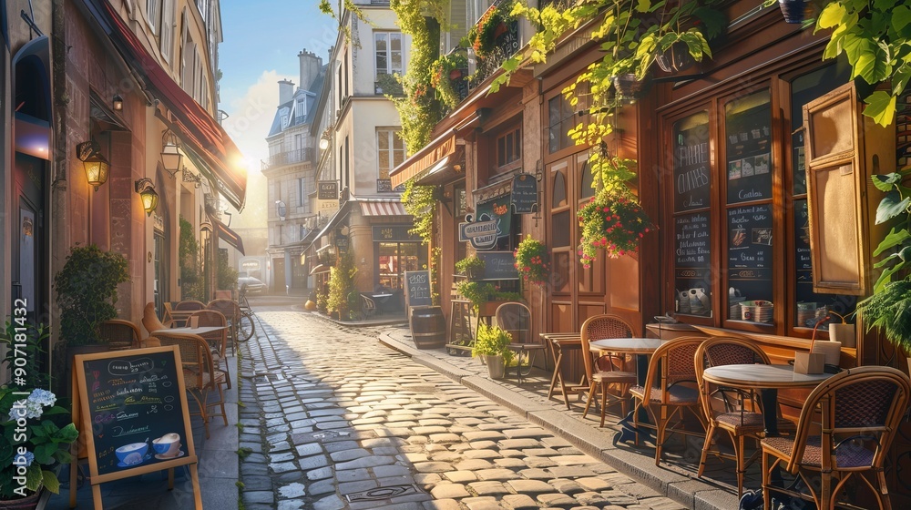 Fototapeta premium Cozy street with tables of cafe in Paris at night, France. Architecture and landmarks of Paris. Postcard of Paris