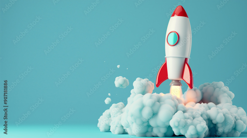 レトロでかわいいロケットが離陸する様子を3Dで立体的に描いたAI生成画像 レトロでかわいいロケットが離陸する様子を3Dで立体的に描いたAI生成画像