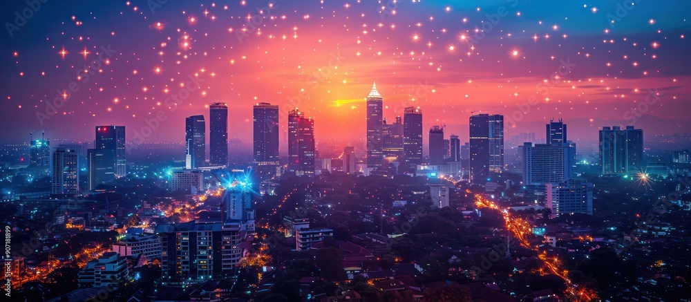 Fototapeta premium Futuristic city skyline at night with glowing lights and colorful sky, concept of smart city, technology, innovation, and future