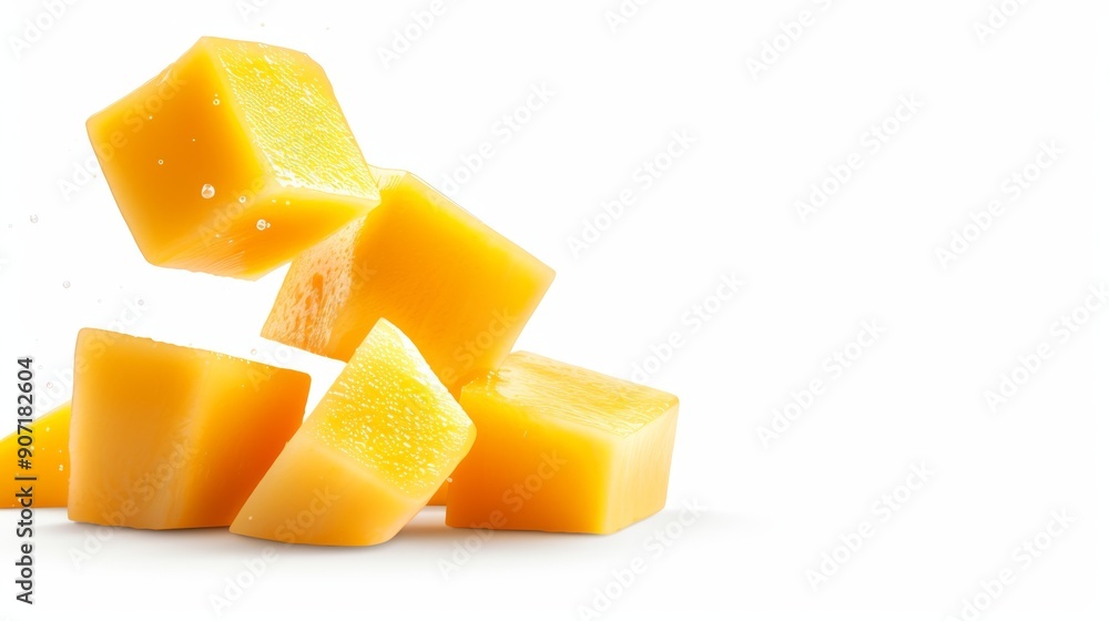 A pile of yellow mango cubes on a white background A pile of yellow mango cubes on a white background