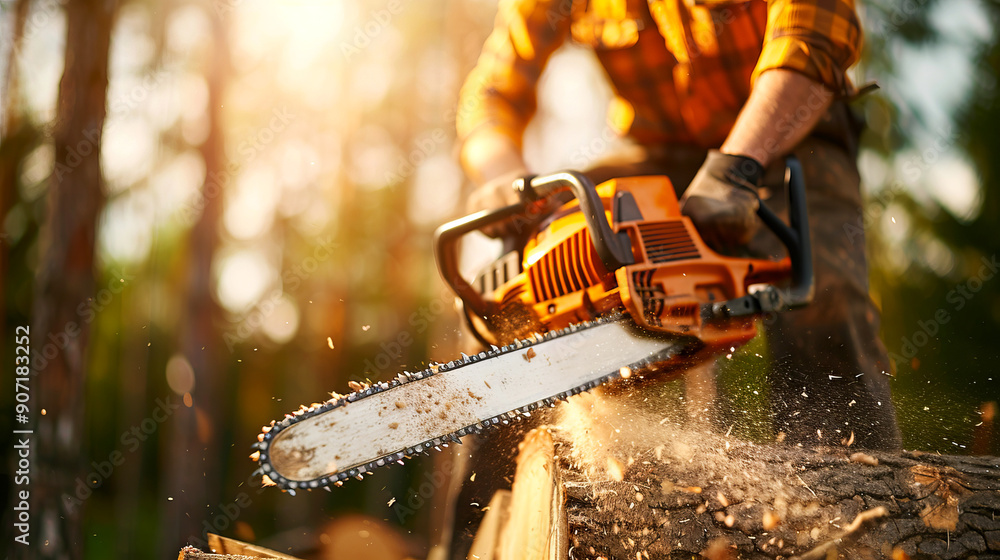 A chainsaw cuts through wood in a sunlit forest, showcasing the power and precision of this essential outdoor tool. A chainsaw cuts through wood in a sunlit forest, showcasing the power and precision of this essential outdoor tool.