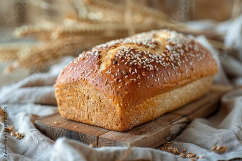 Rustic Wholesomeness: A Hearthy Whole Wheat Bread on a Wooden Board with Seed Toppings, Nestled in a Cozy Handcrafted Ambiance