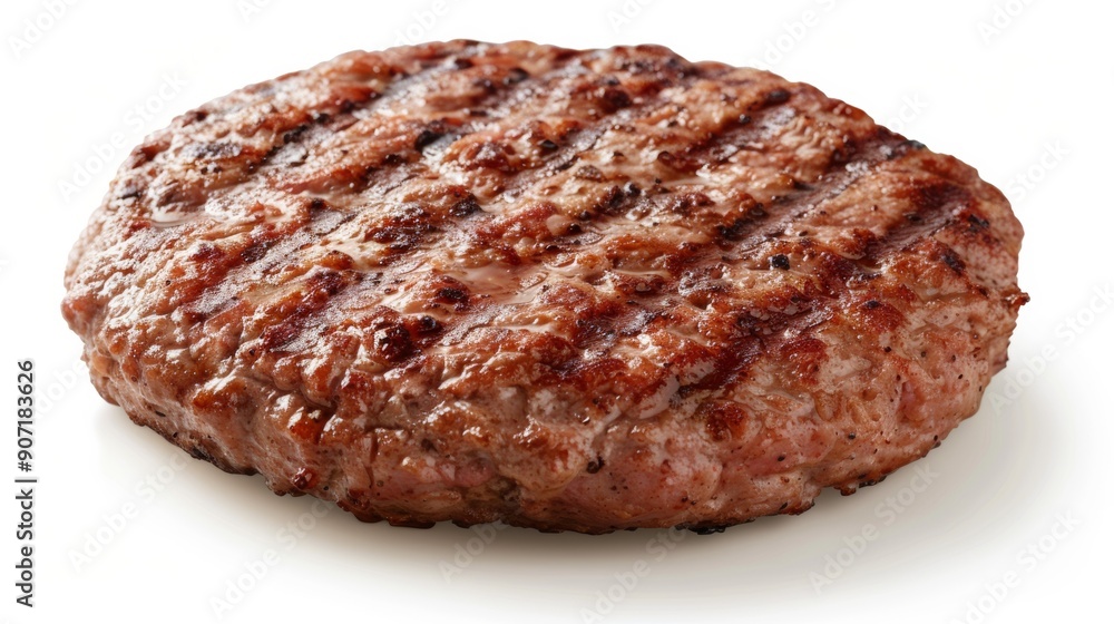 A burger patty is sitting on a white background A burger patty is sitting on a white background