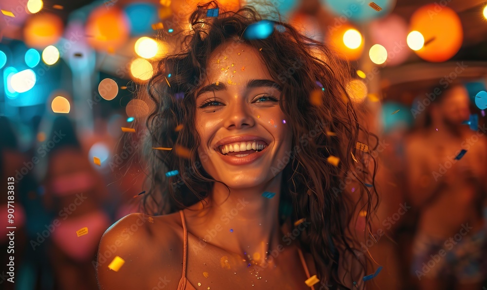 A joyful young woman is dancing energetically at a vibrant night party, surrounded by colorful confetti and an enthusiastic crowd. A joyful young woman is dancing energetically at a vibrant night party, surrounded by colorful confetti and an enthusiastic crowd.