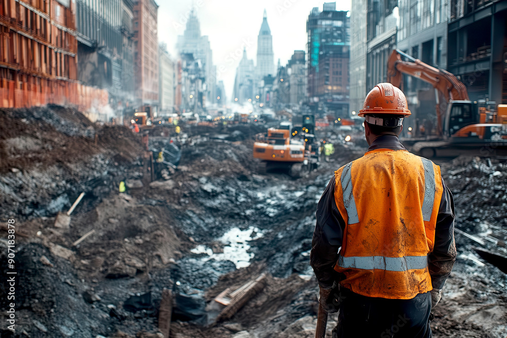 Construction worker overseeing a busy urban site with machinery and workers in a deep excavation. Construction worker overseeing a busy urban site with machinery and workers in a deep excavation.