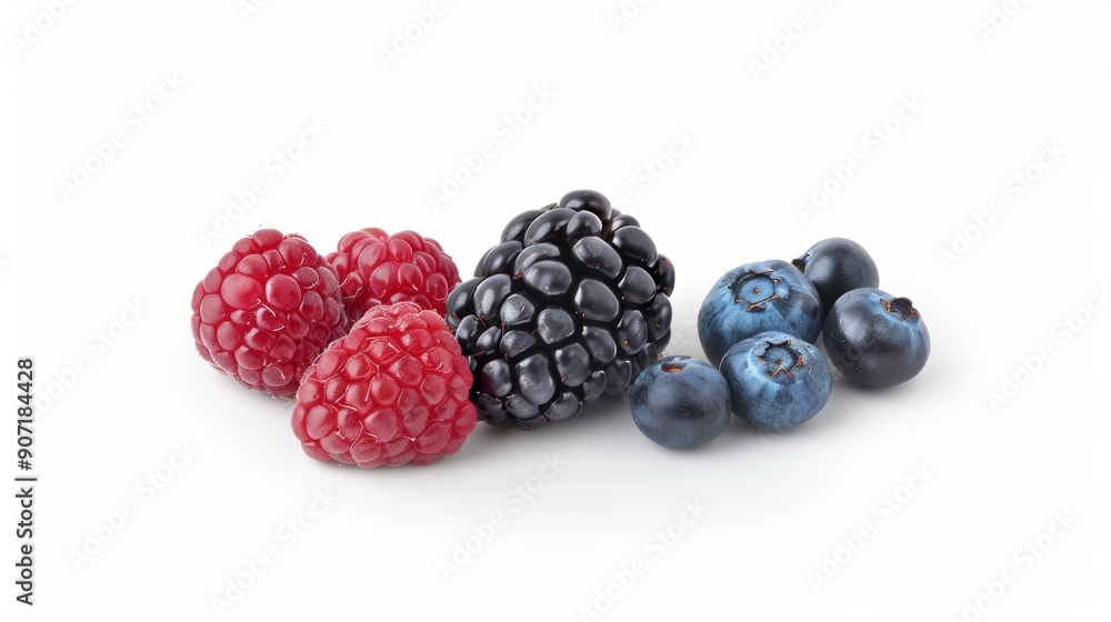 A close up of a bunch of berries including blueberries and raspberries A close up of a bunch of berries including blueberries and raspberries