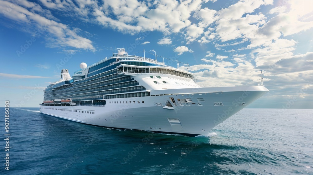 Luxury cruise ship sailing to port on sunrise Luxury cruise ship sailing to port on sunrise