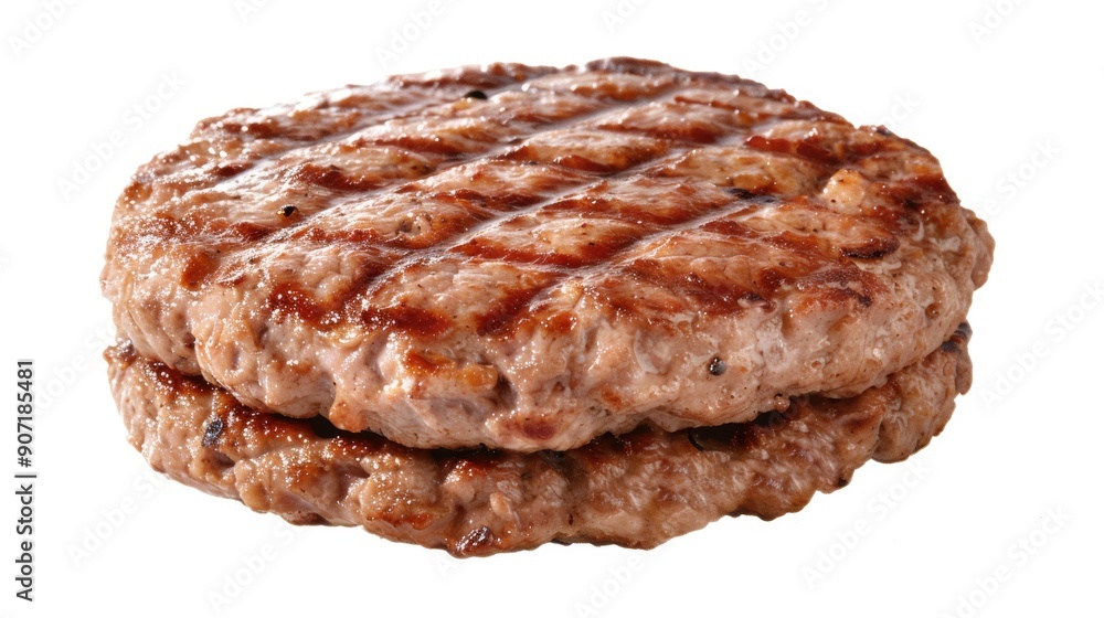 A burger patty is grilled and is sitting on a white background A burger patty is grilled and is sitting on a white background